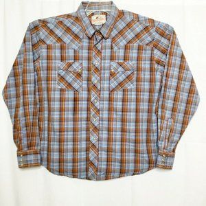 WRANGLER Shirt Men XL Blue Orange Plaid Pearl Snap